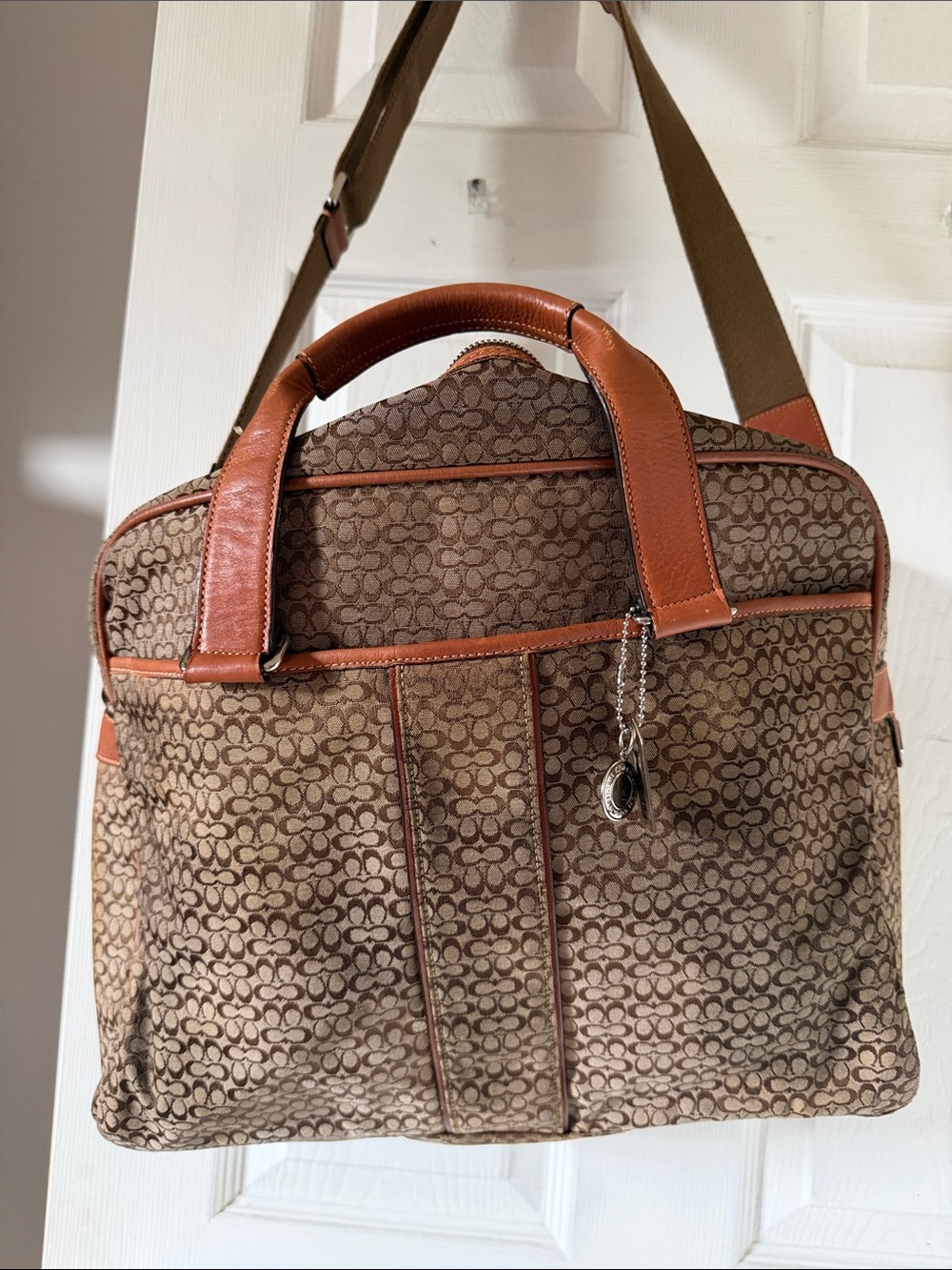 Large Coach Signature Canvas Briefcase with Tan Leather Trim